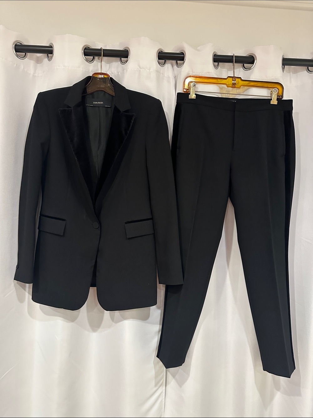 Zara Black Velvet-Trim Suit Jacket with Matching Trouser. Tuxedo tailored suit.